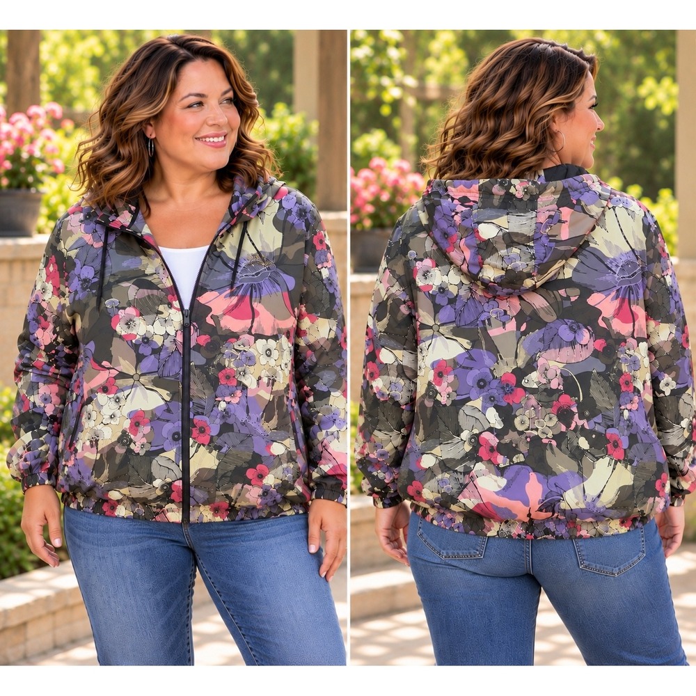 Nike Women's 2X Floral Windbreaker Jacket Hooded Full Zip Botanical Plus Size